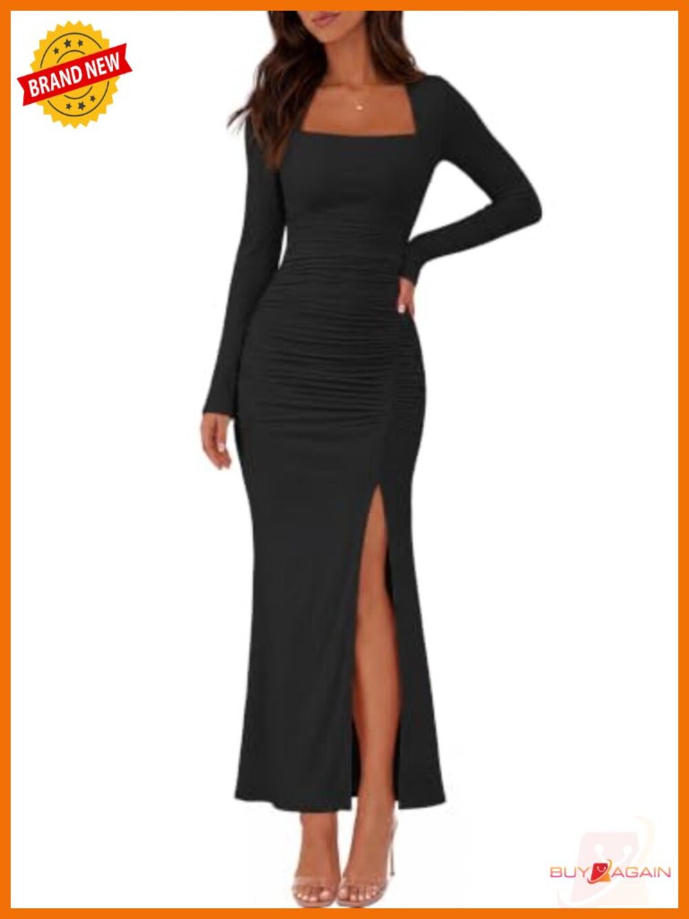 Women's Long Sleeve Square Neck Bodycon Maxi Dress Wedding Guest Formal